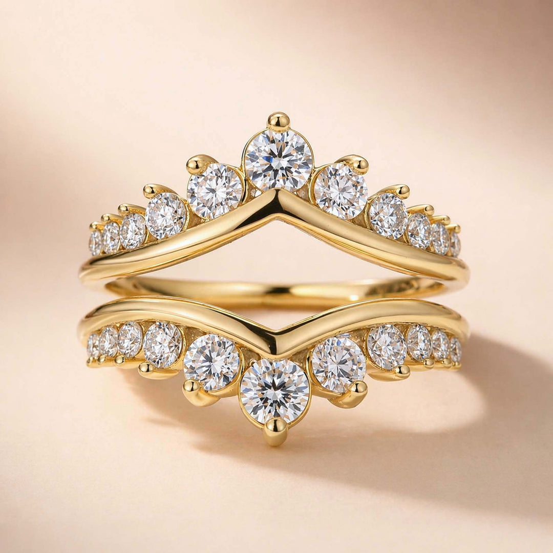 Rodiffy S925 Moissanite V-Shaped Crown Enhancer Band In 18K Yellow Gold Plated Silver