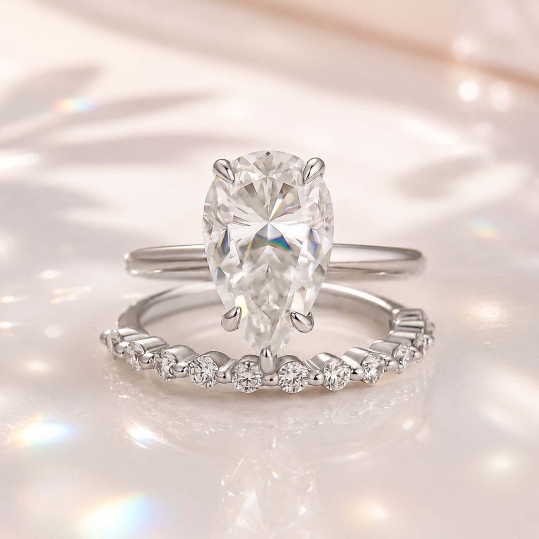 S925 Moissanite 4.0Ct Pear Cut Engagement Ring With Pave 0.36Ct Band 2PC Stackable Bridal Ring Set