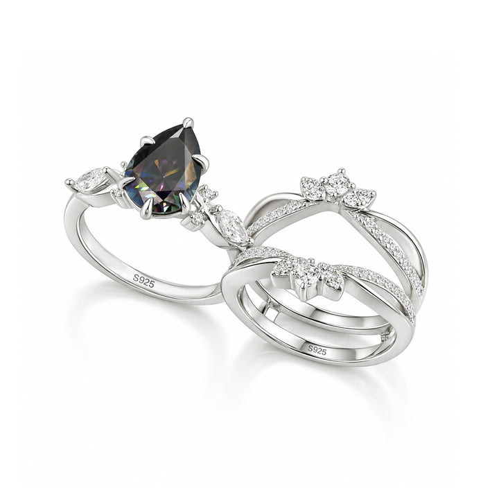 Moissanite 2.0CT Green Pear Cut Vintage Floral Enhancer Ring Sets In Sterling Silver