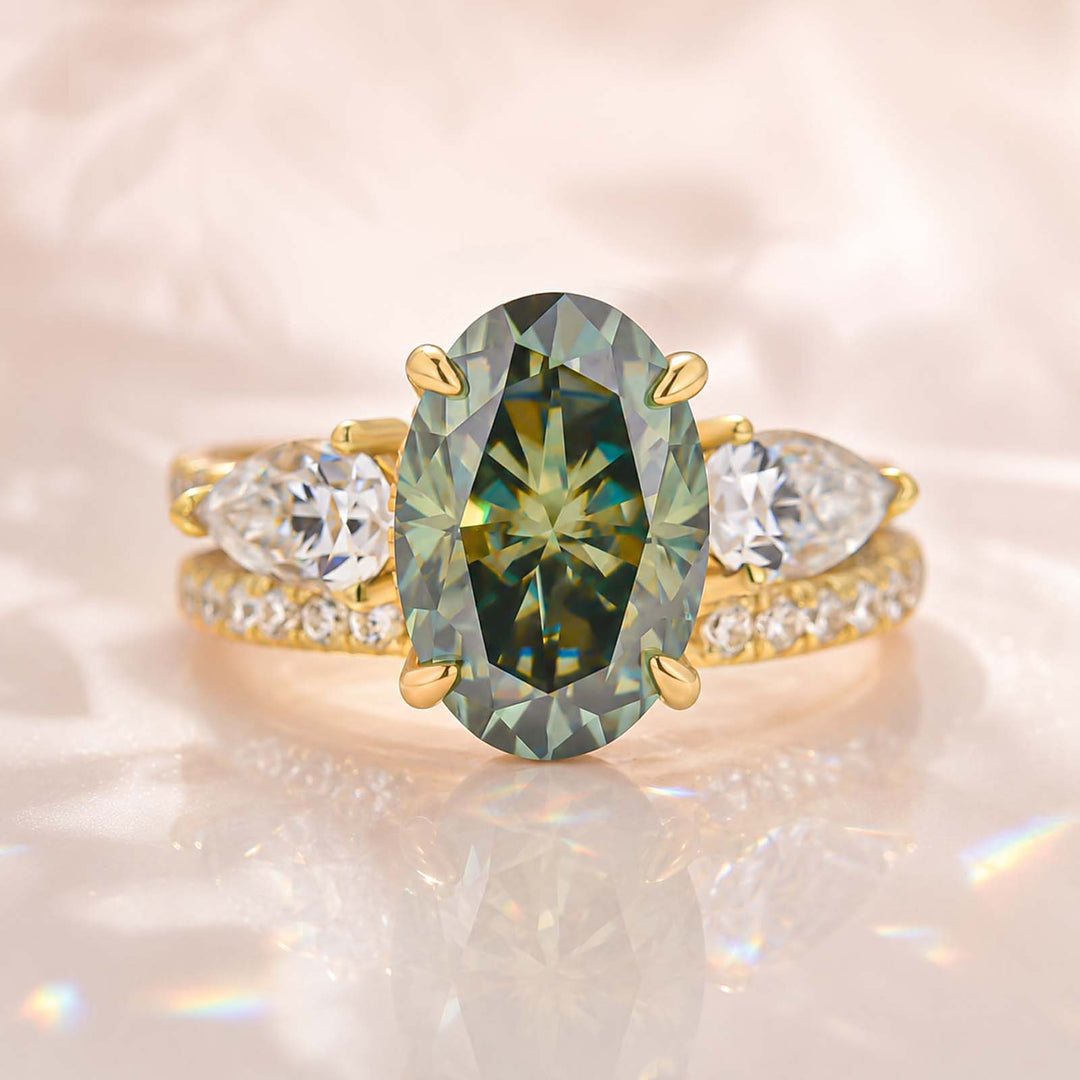 Rodiffy Moissanite 4.0Ct Oval Cut Yellow Gold Wedding Ring with Open Pear Cut Enhancer Ring