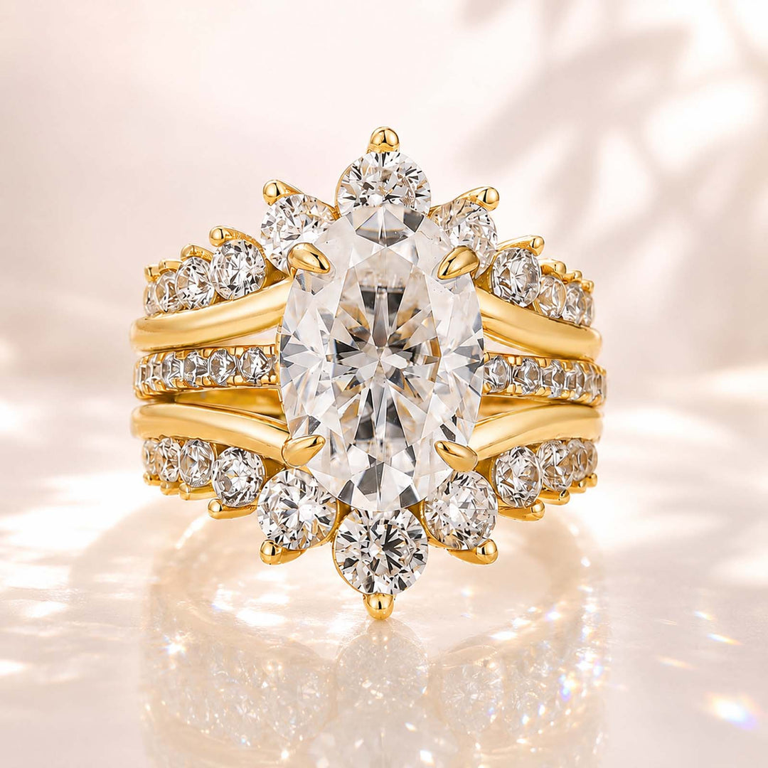 S925 Moissanite 4.0Ct Oval Cut Engagement Ring in Sterling Silver with V-Shaped Crown Enhancer 1.7Ct Round Cut Wedding Band