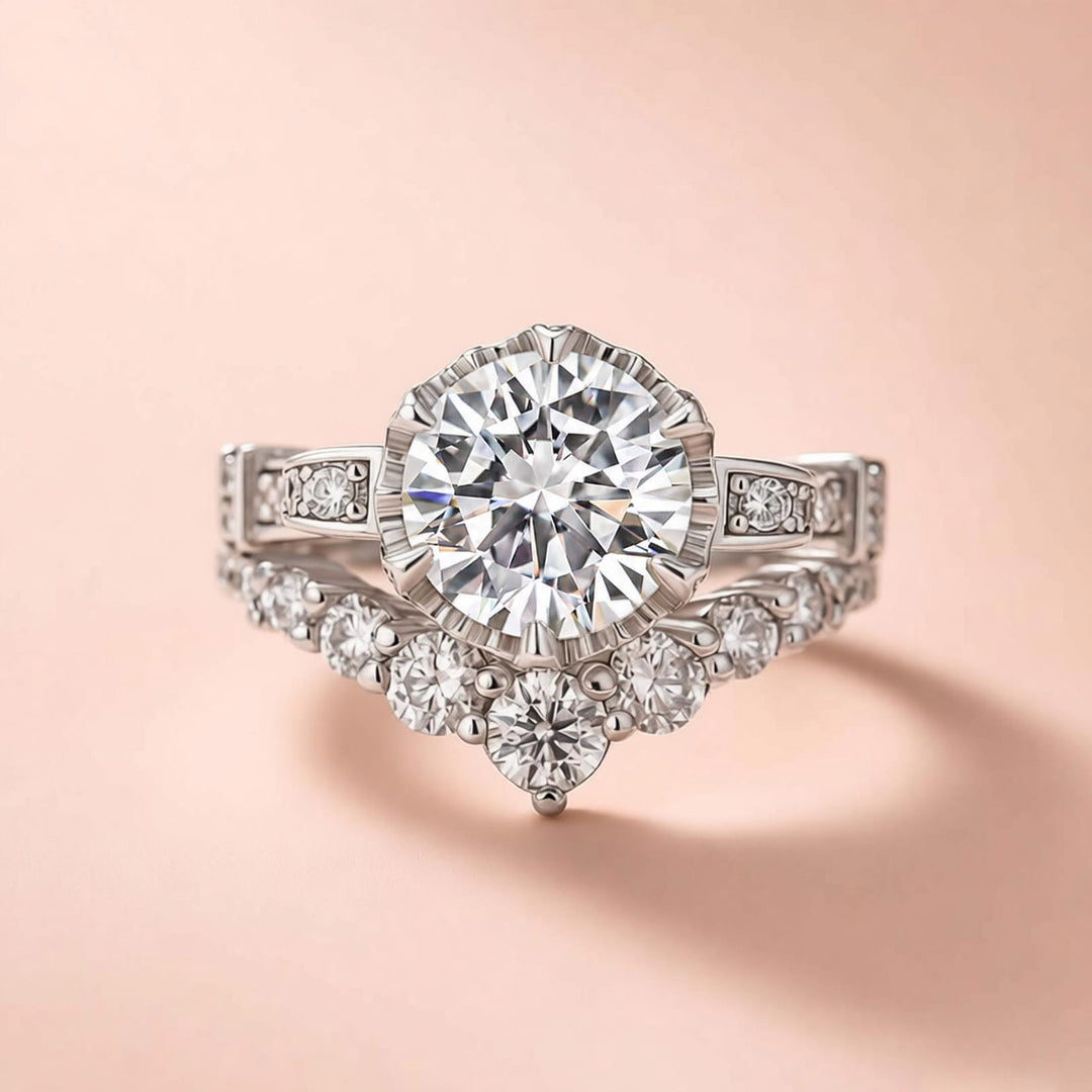 Rodiiffy Moissanite 2.0Ct Round Cut Engagement Ring with 0.5Ct Round Wedding Band