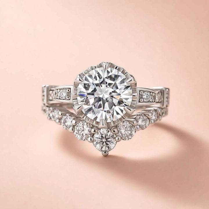 Rodiiffy Moissanite 2.0Ct Round Cut Engagement Ring with 0.5Ct Round Wedding Band