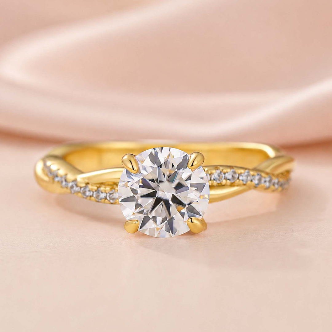 Rodiffy Moissanite 1.0Ct/1.2Ct/2.0 Ct Twist Yellow Gold Pave Promise Bridal Ring