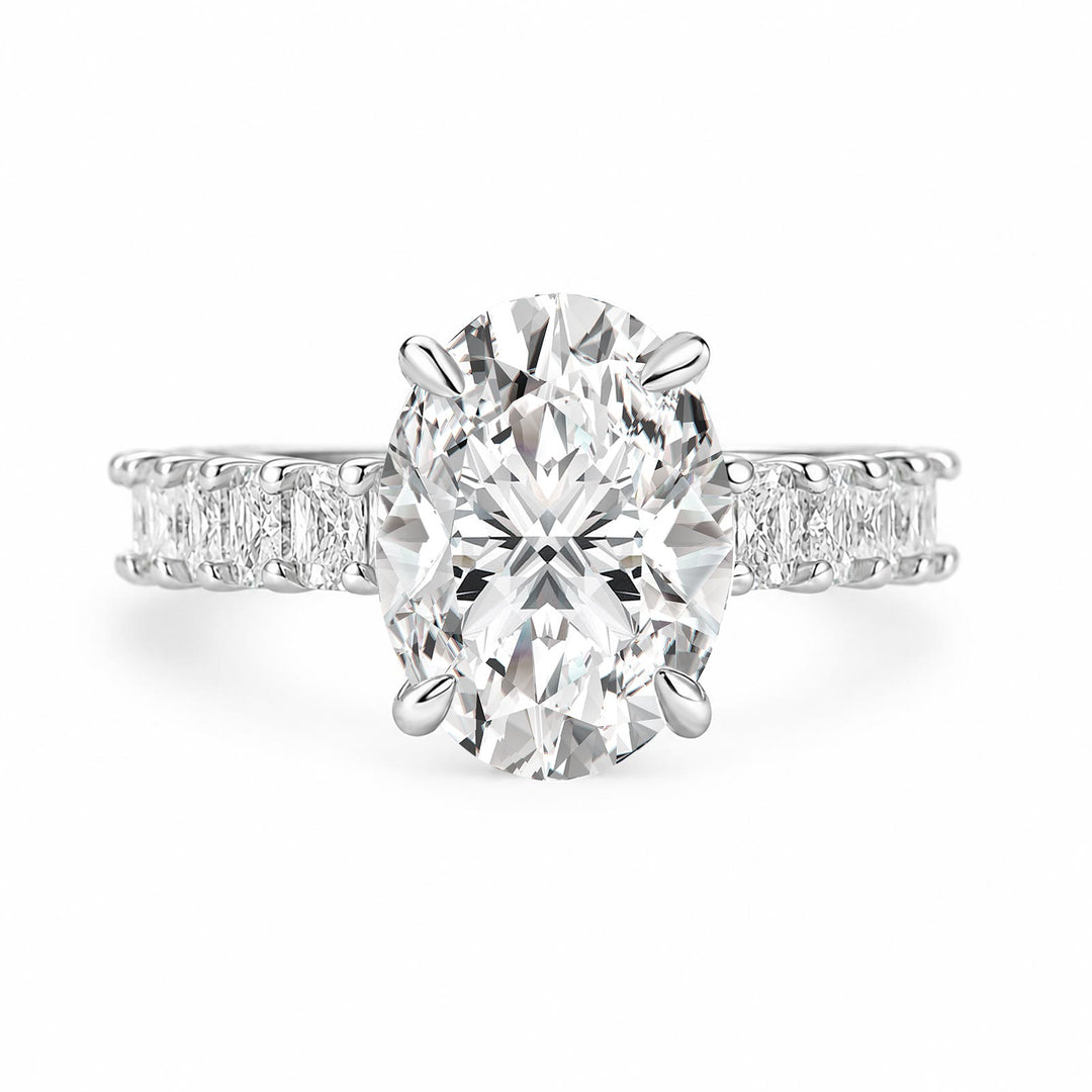 Moissanite 3.5Ct Oval Ring With Hidden Sparkle & Side Stones In Sterling Silver
