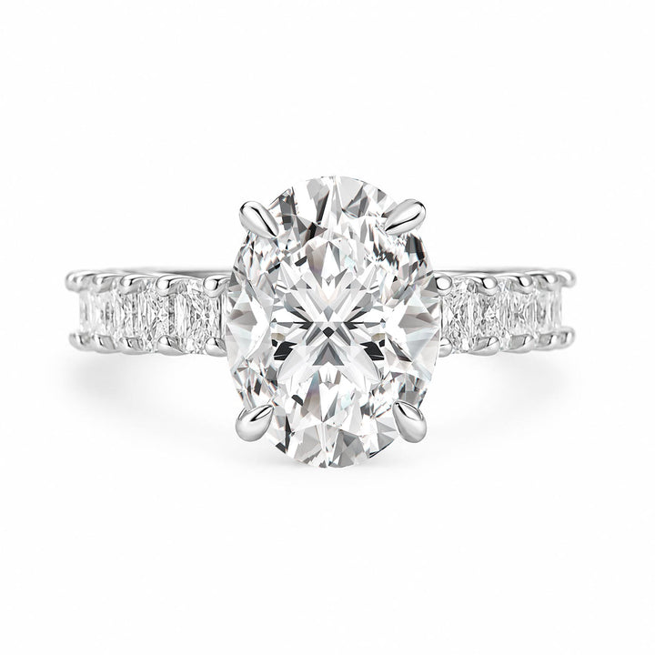 Moissanite 3.5Ct Oval Ring With Hidden Sparkle &amp; Side Stones In Sterling Silver