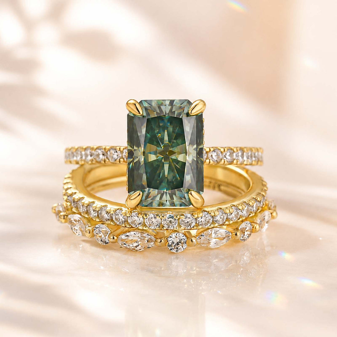 S925 Moissanite 3.5CT Radiant Cut Green Engagement Ring with Round & Marquise Accents Bands