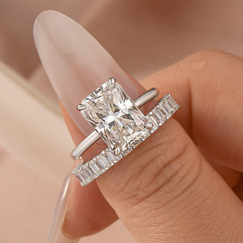 Moissanite 4.5Ct Solitaire Radiant Cut White Gold Wedding Ring with Emerald Cut Wedding Ring