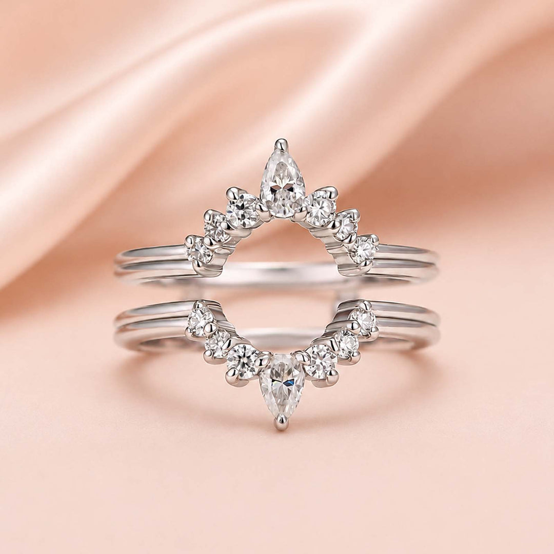 S925 Moissanite 0.75Ct Pear Cut & Round Cut Crown Open Wedding Band Stackable Enhancer Band