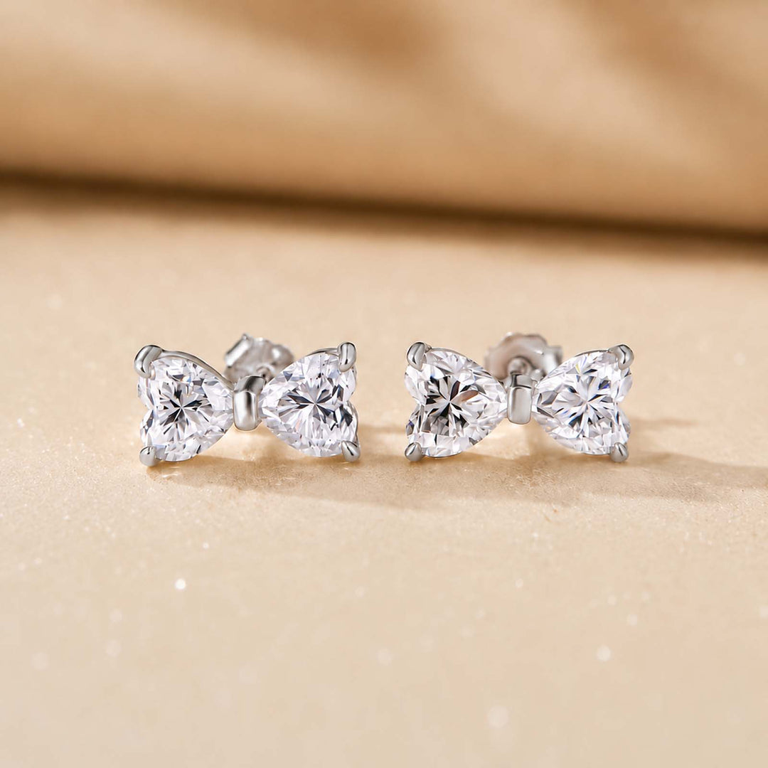 S925 Moissanite 1Ct*2 Dual Heart Cut Bow Shape Stud Earrings Romantic Earring Gift For Her