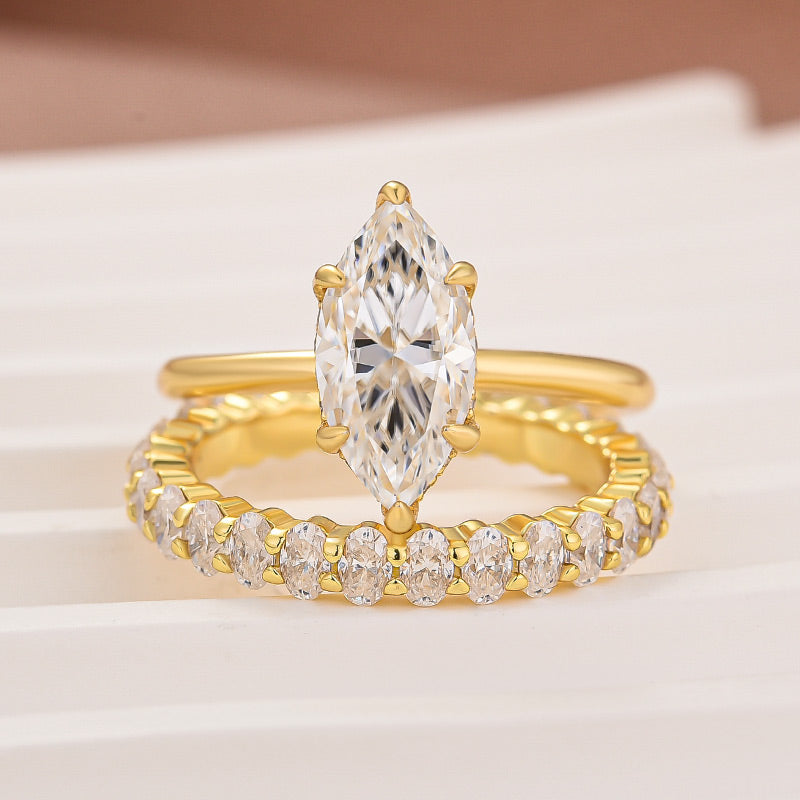 S925 Moissanite 2Ct Marquise Cut Engagement Ring With 3.0Ct Oval Full Pave Band Bridal Ring Set For Everyday Wear