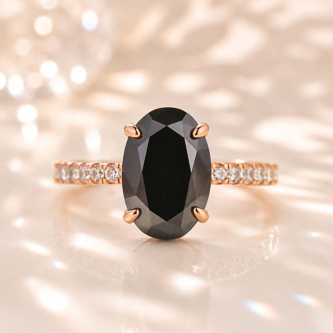 S925 Moissanite 4.0 Ct Oval Cut Pavé Rose Gold Black/White Stone Engagement Ring For Women