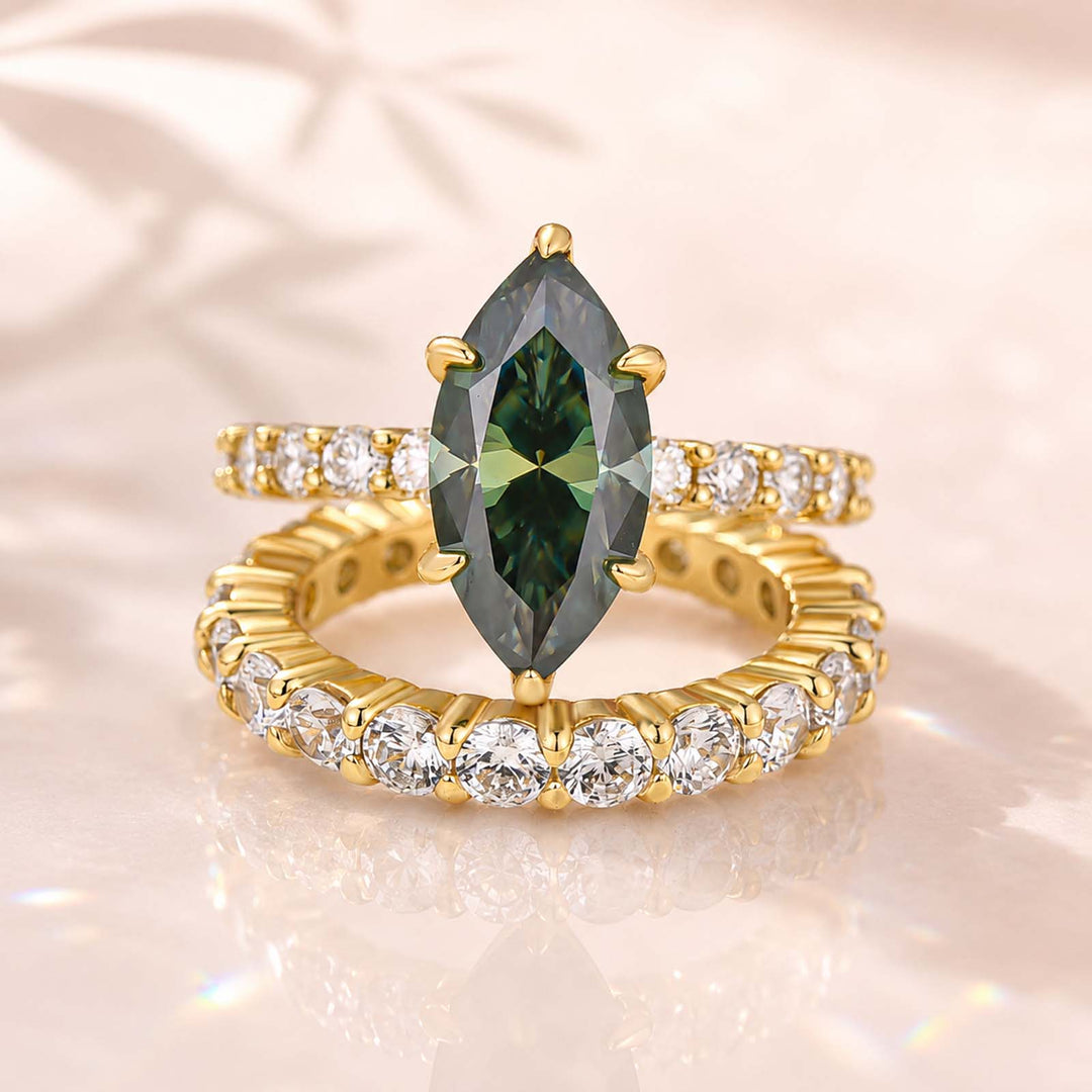 S925 Green Moissanite 3.0Ct Marquise Cut Side Stone Yellow Gold Engagement Ring With Moissanite 2.5 Ct Round Cut Women's Wedding Band