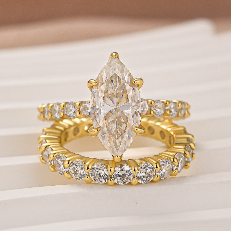 Moissanite 3.0Ct Marquise Side Stone Yellow Gold Travel Bridal Set