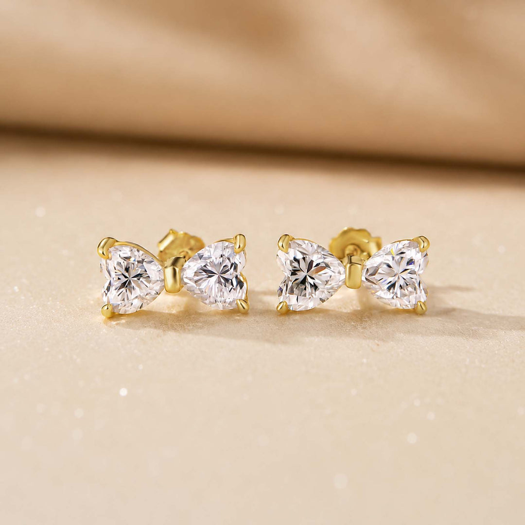 S925 Moissanite 1Ct*2 Dual Heart Cut Bow Shape Stud Earrings Romantic Earring Gift For Her