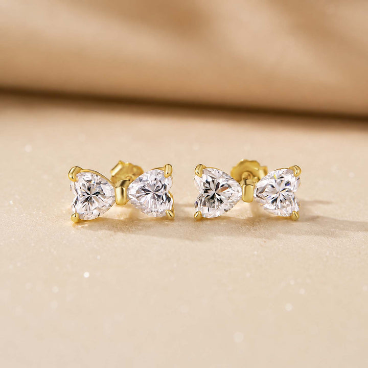 S925 Moissanite 1Ct*2 Dual Heart Cut Bow Shape Stud Earrings Romantic Earring Gift For Her