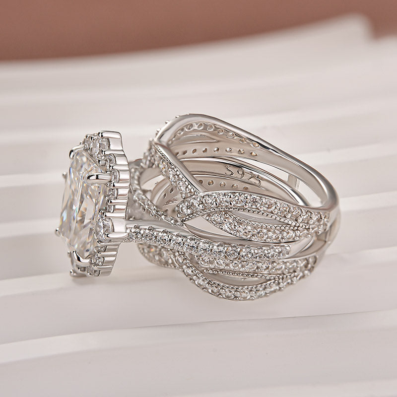 Moissanite 3.0Ct White Gold Halo Radiant Cut Stack Wedding Ring with Enhancer Wedding Band