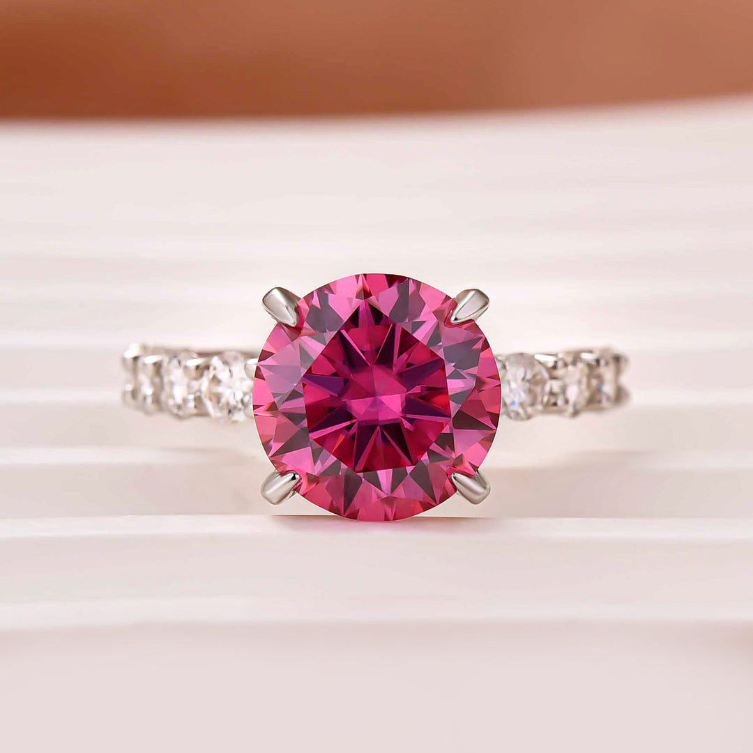 Moissanite 2.0~4.0Ct Pink Round Cut Hidden Halo Everyday Wearable Ring With Sparkling Side Stones