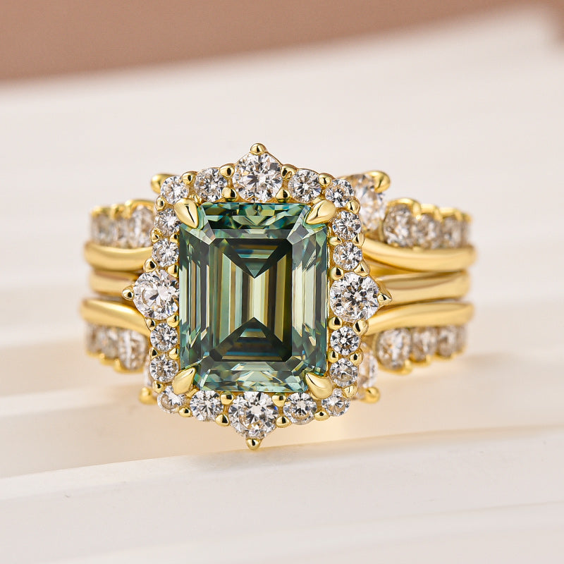 Moissanite 3.0Ct Yellow Gold Halo Emerald Stone Emerald Cut Engagement Ring with Enhancer Ring
