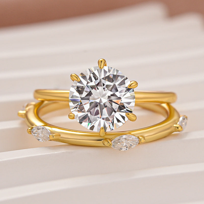 Moissanite 2.0Ct 6 Prong Solitaire Round Cut Engagement Ring with Marquise Cut Wedding Band
