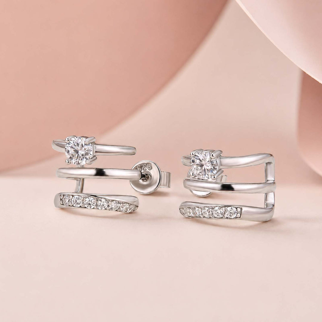 S925 Moissanite 0.1Ct*2 Round Cut Triple-Band Hoop Earrings Minimalist Everyday Wearable Earrings