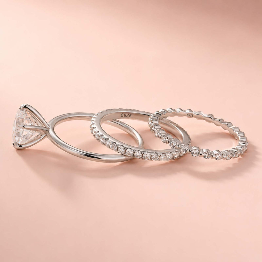 S925 Moissanite 2CT Round Solitaire 3-Piece Bridal Ring Set Engagement Ring With Wedding Bands