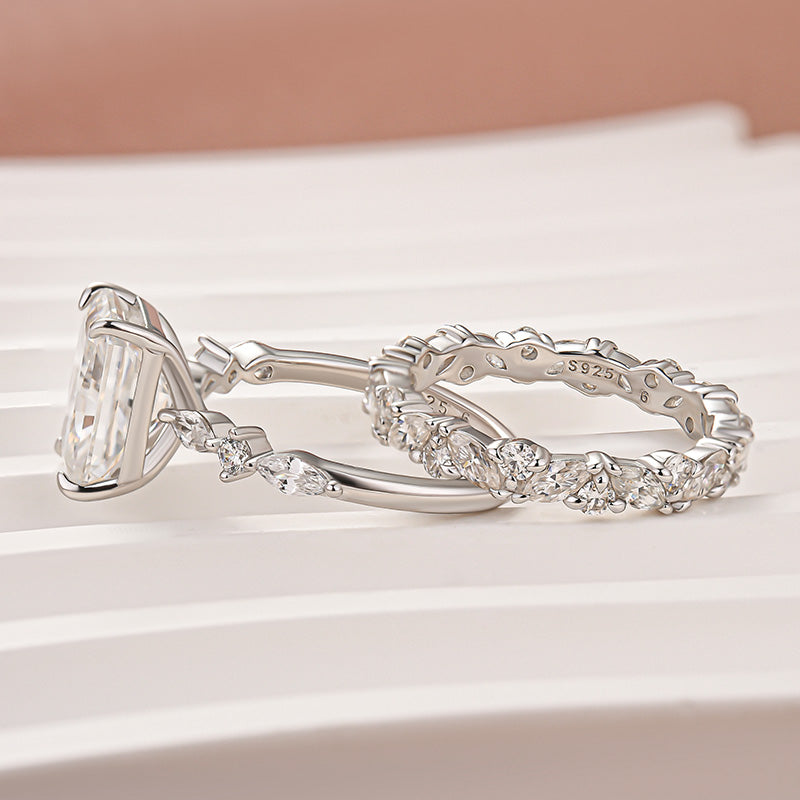 Moissanite 3.5 Ct Radiant Cut White Gold Engagement Ring with Marquise & Round Wedding Ring