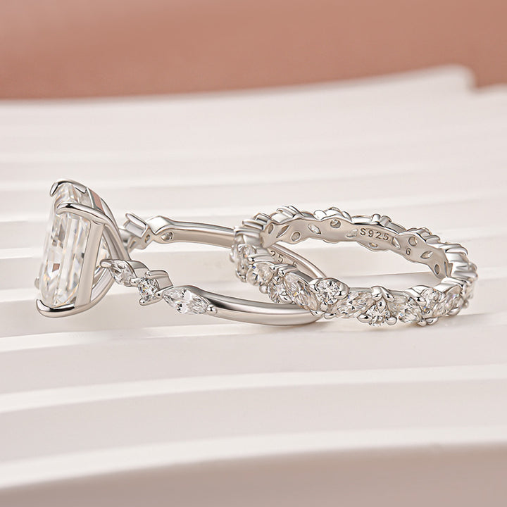 Moissanite 3.5 Ct Radiant Cut White Gold Engagement Ring with Marquise &amp; Round Wedding Ring