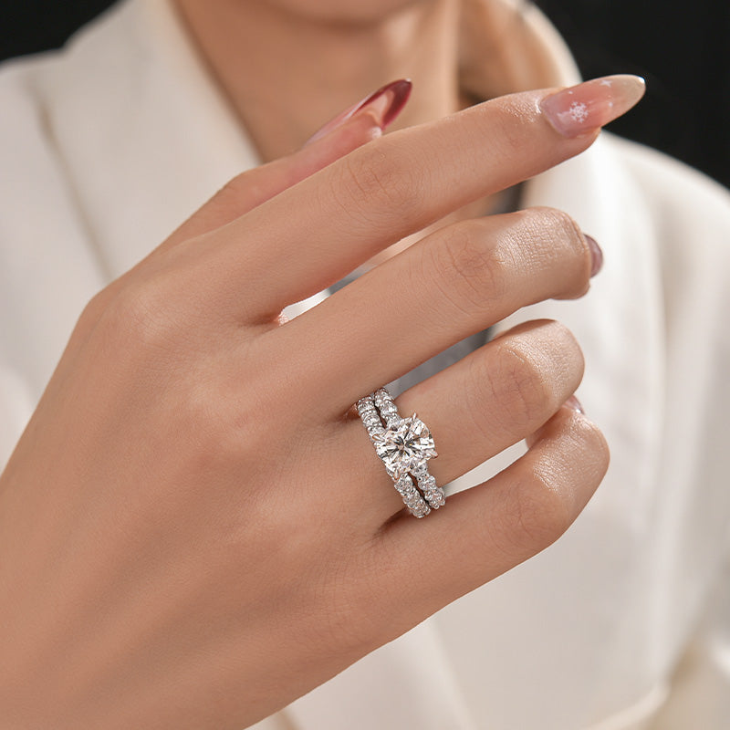 Moissanite 3.0Ct Oval Cut/Cushion Cut Side Stone White Gold Engagement Ring with Pavé Eternity Ring