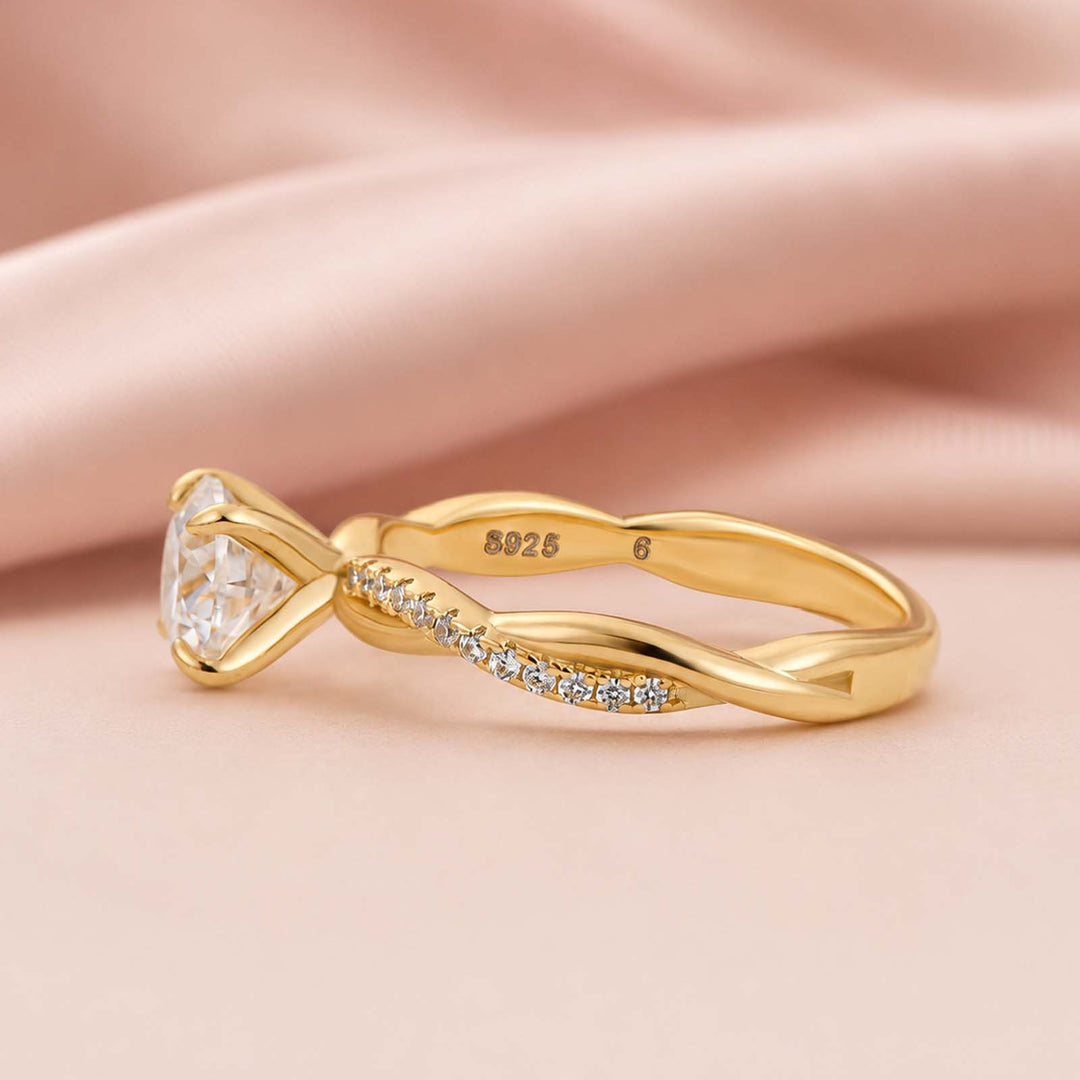 Rodiffy Moissanite 1.0Ct/1.2Ct/2.0 Ct Twist Yellow Gold Pave Promise Bridal Ring