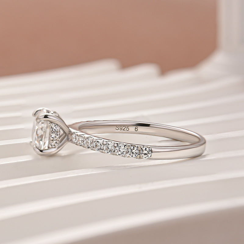 Triple Row Pavé 1.0Ct/2.0Ct Round Cut Moissanite Engagement Ring In Sterling Silver