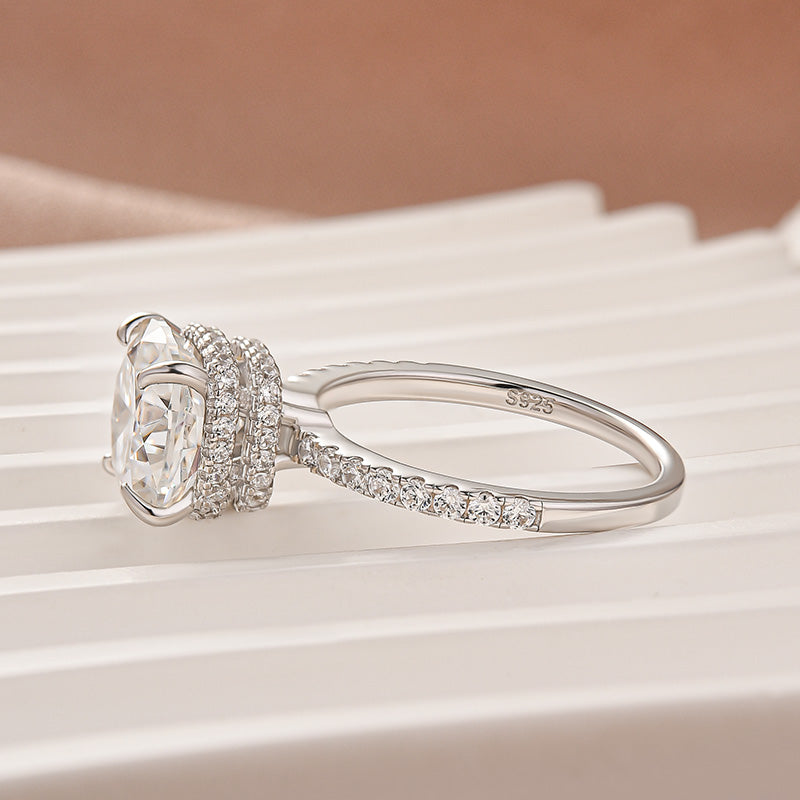 S925 Moissanite 3.5Ct Cushion Cut Double Hidden Halo Engagement Ring in Sterling Silver
