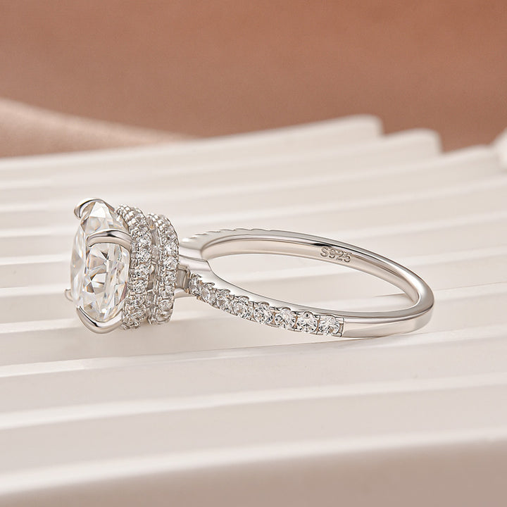 S925 Moissanite 3.5Ct Cushion Cut Double Hidden Halo Engagement Ring in Sterling Silver
