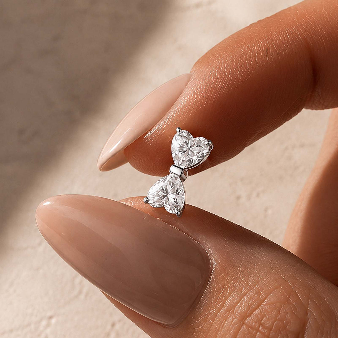 S925 Moissanite 1Ct*2 Dual Heart Cut Bow Shape Stud Earrings Romantic Earring Gift For Her