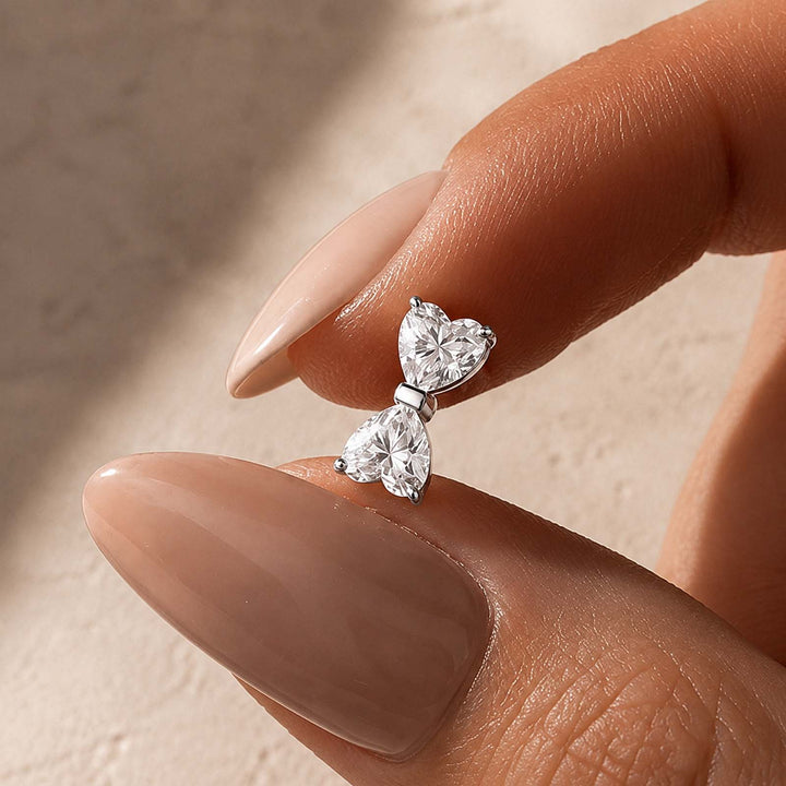 S925 Moissanite 1Ct*2 Dual Heart Cut Bow Shape Stud Earrings Romantic Earring Gift For Her