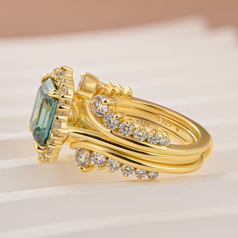 Moissanite 3.0Ct Yellow Gold Halo Emerald Stone Emerald Cut Engagement Ring with Enhancer Ring