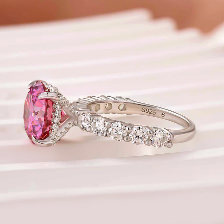 Moissanite 2.0~4.0Ct Pink Round Cut Hidden Halo Everyday Wearable Ring With Sparkling Side Stones