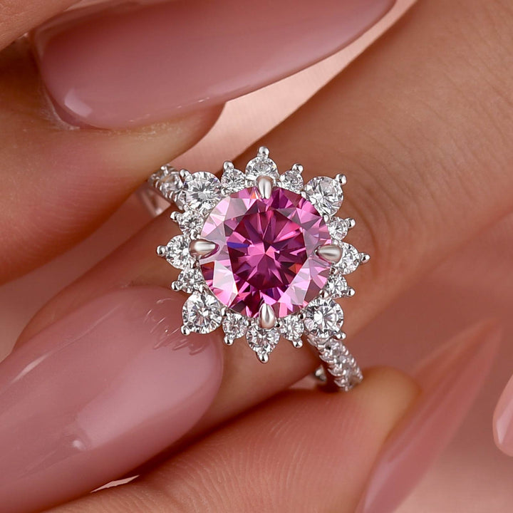 Rodiffy Moissanite 2.0 Ct Turquoise/Pink Snowflake Design Travel Ring In Sterling Silver