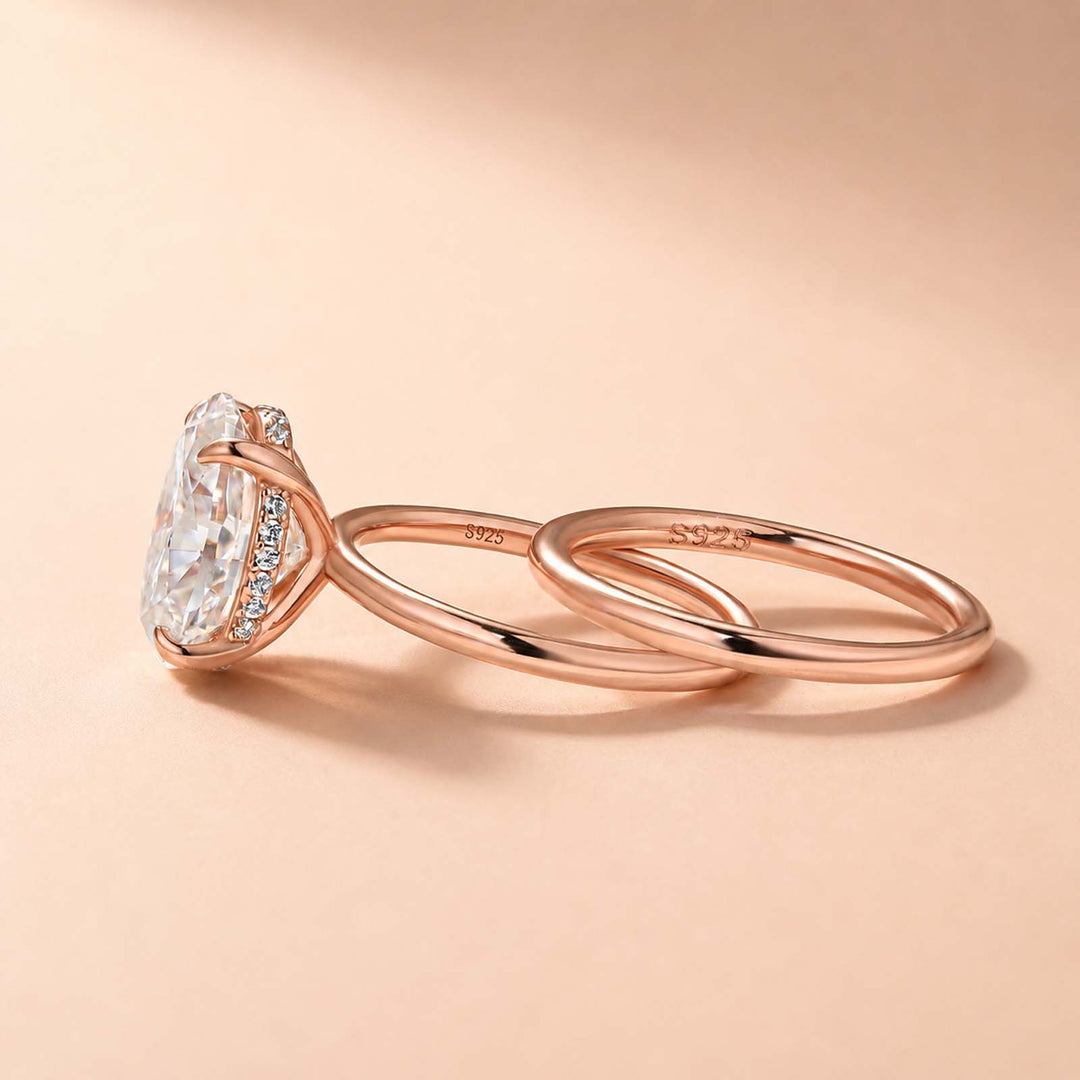 Rodiffy Moissanite 4.0Ct Solitaire Oval Cut Rose Gold Engagement Ring with Plain Wedding Band