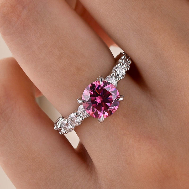 Moissanite 2.0~4.0Ct Pink Round Cut Hidden Halo Everyday Wearable Ring With Sparkling Side Stones