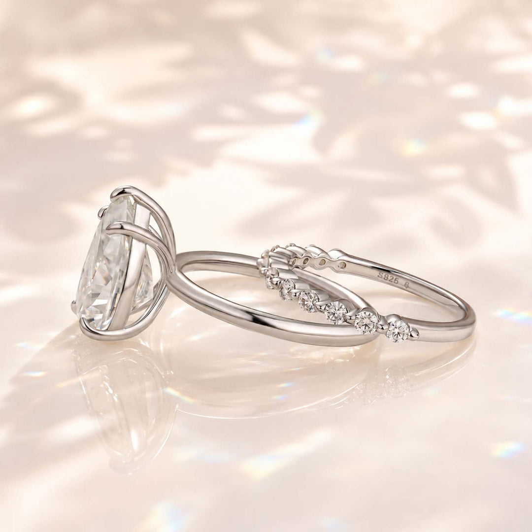 S925 Moissanite 4.0Ct Pear Cut Engagement Ring With Pave 0.36Ct Band 2PC Stackable Bridal Ring Set