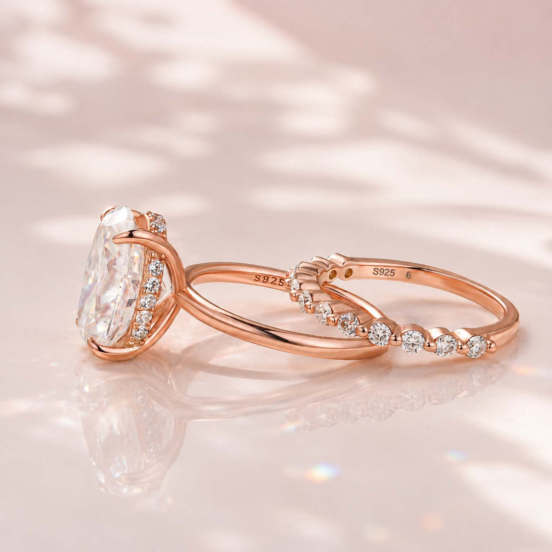 S925 Moissanite Solitaire 5.5Ct Oval Cut Rose Gold Wedding Ring Set With Round Cut Wedding Band