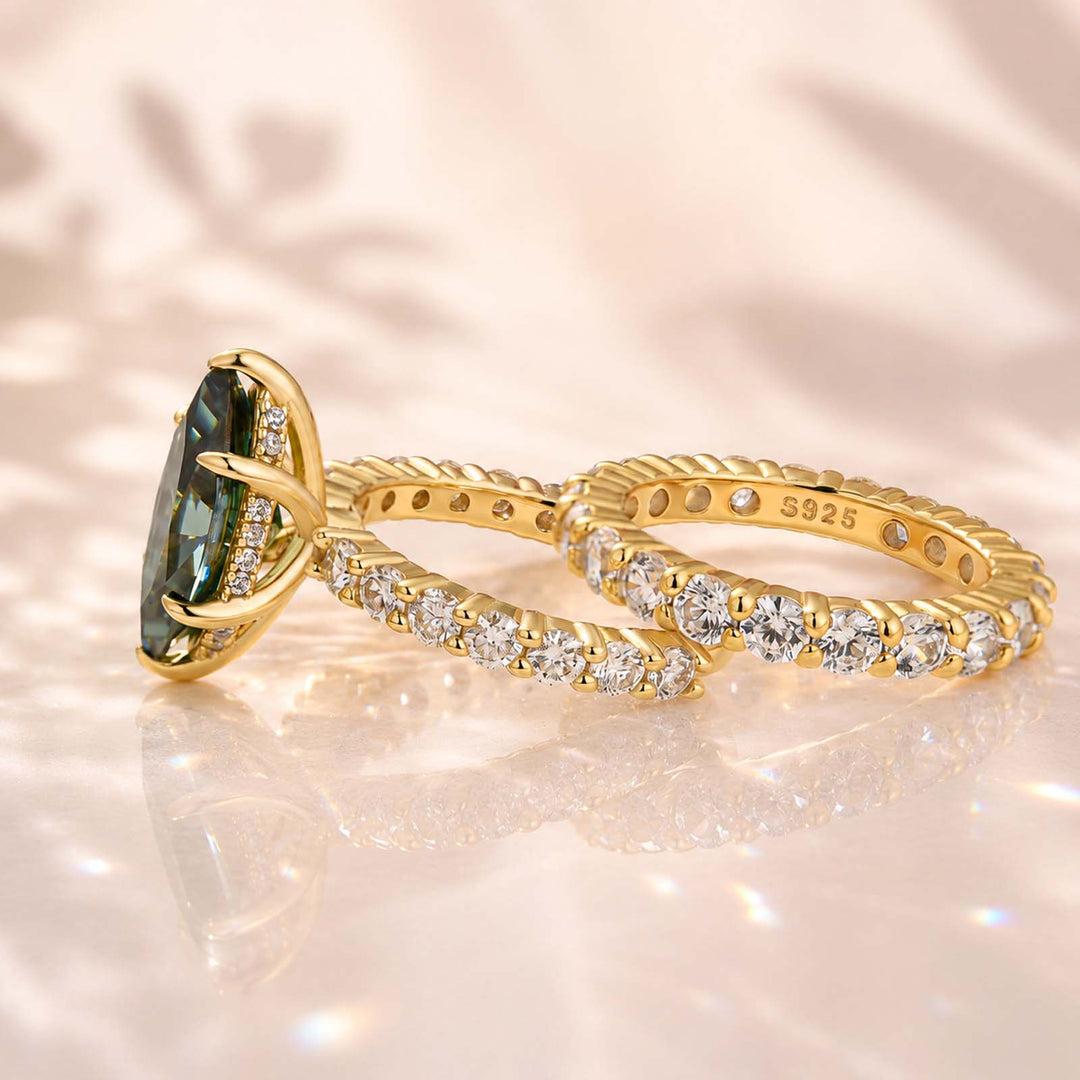 S925 Green Moissanite 3.0Ct Marquise Cut Side Stone Yellow Gold Engagement Ring With Moissanite 2.5 Ct Round Cut Women's Wedding Band