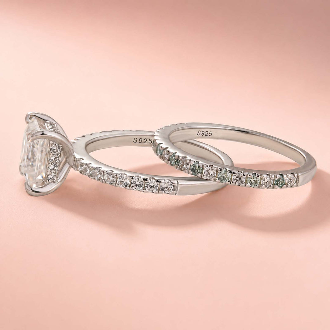 S925 Moissanite 2CT Princess Cut Engagement Ring Set 2PC Hidden Halo Solitaire Ring With Wedding Band