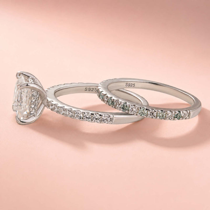 S925 Moissanite 2CT Princess Cut Engagement Ring Set 2PC Hidden Halo Solitaire Ring With Wedding Band