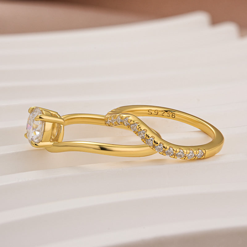 S925 Moissanite 1.0Ct Round Cut Promise Ring & V-Shaped 0.25Ct Band Stackable Bridal Ring Set