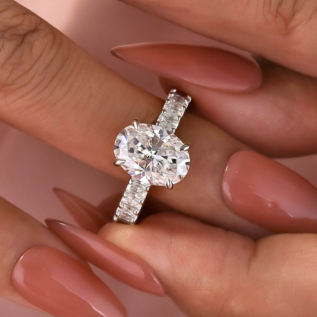 Moissanite 3.5Ct Oval Ring With Hidden Sparkle & Side Stones In Sterling Silver
