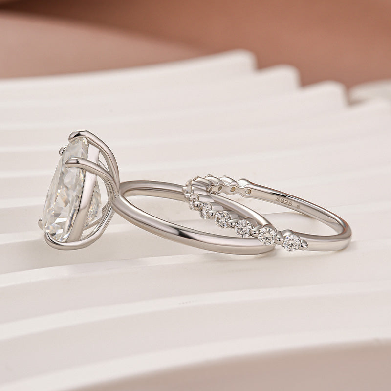 S925 Moissanite 4.0Ct Pear Cut Engagement Ring With Pave 0.36Ct Band 2PC Stackable Bridal Ring Set