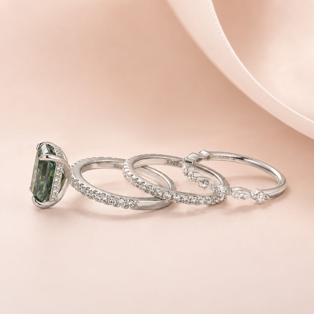 S925 Moissanite 3.5CT Radiant Cut Green Engagement Ring with Round & Marquise Accents Bands