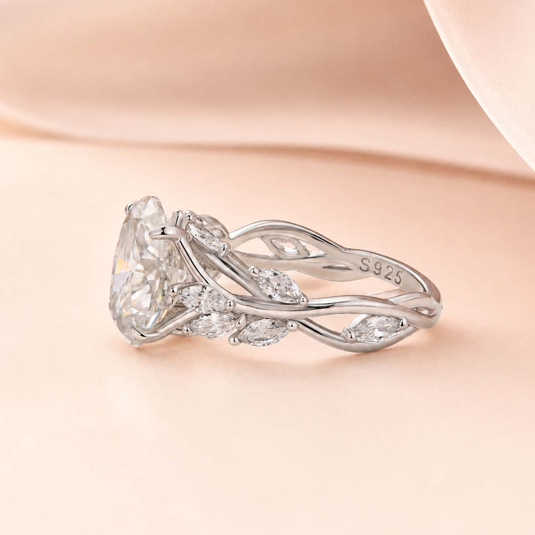 S925 Vintage Moissanite 3.0Ct Oval Cut Side Stone Twist Engagement Ring in 18K White Gold Sterling Silver